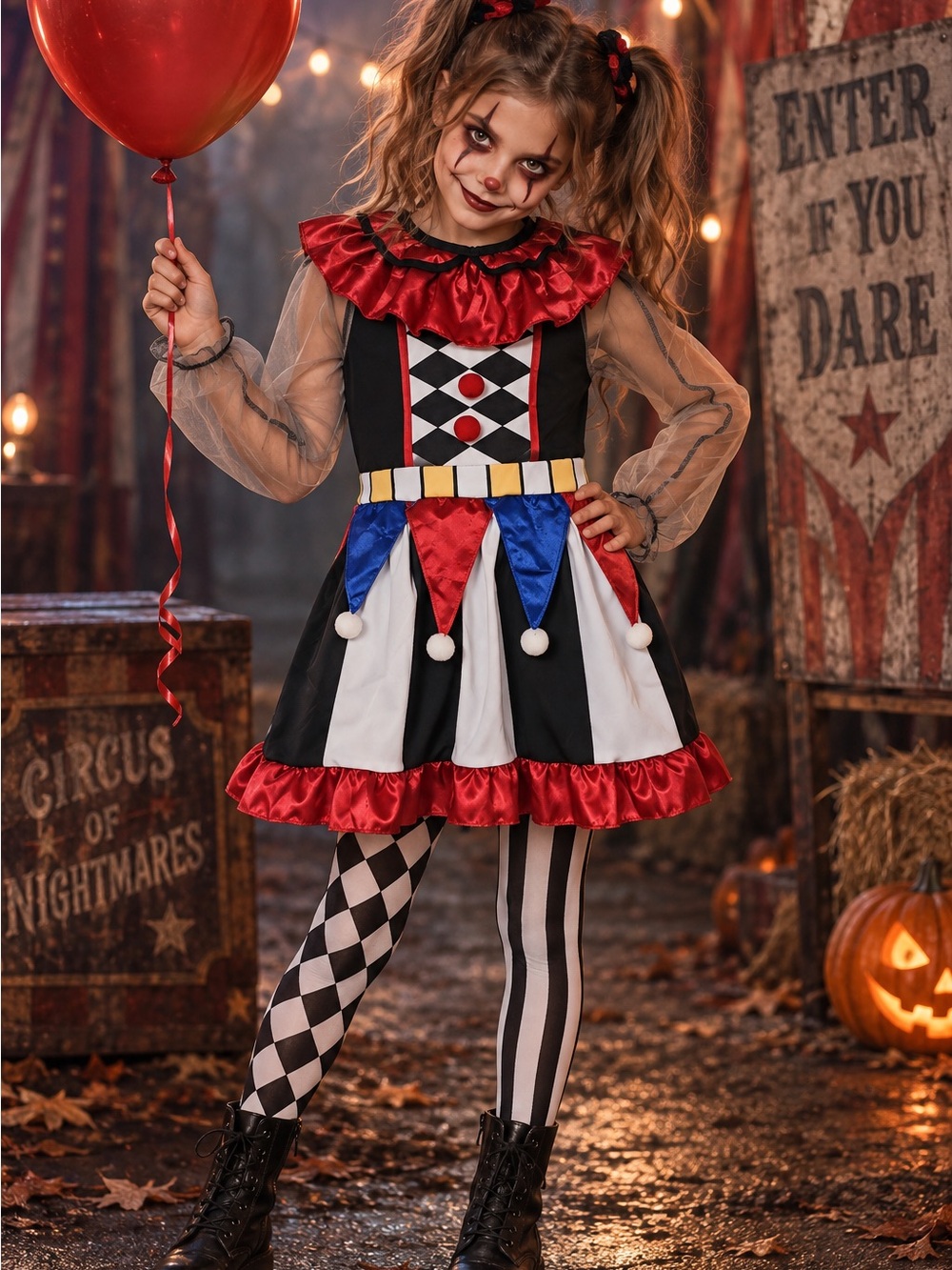 Kids Red & Black Jester Clown Costume with Blue Accents -
